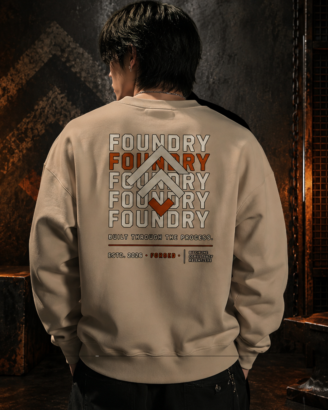 Foundry Logo Sweatshirt — Retro Geometric Back Graphic Heavyweight Crewneck